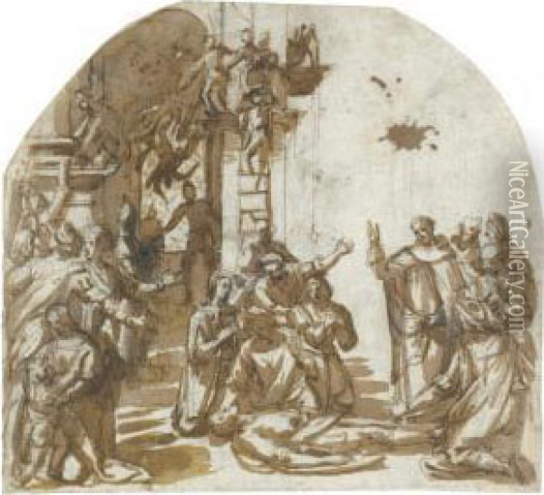 A Saint Reviving An Artist Fallen From A Scaffolding While Paintinga Fresco Oil Painting - Filipo Tarchiani