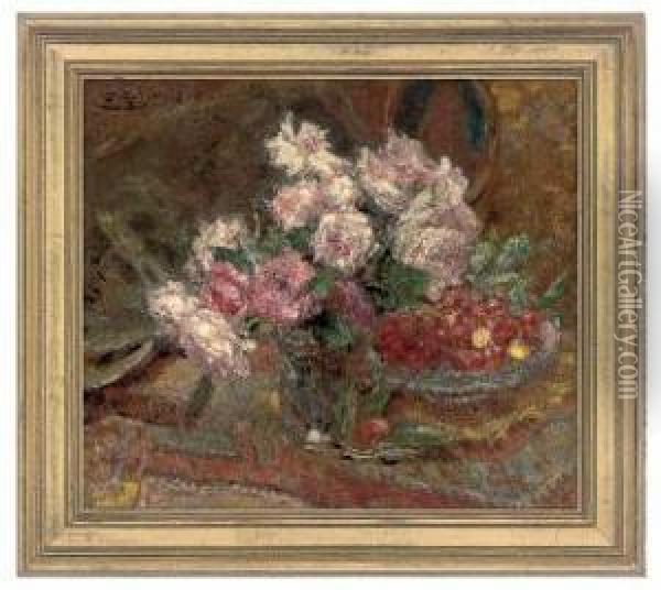 Roses And Cherries Oil Painting - Ernest Rocher