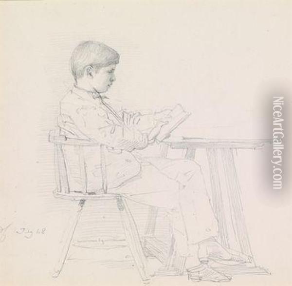 Ein An Einem Tisch Sitzender Lesender Knabe Oil Painting - Eduard Julius Fr. Bendemann