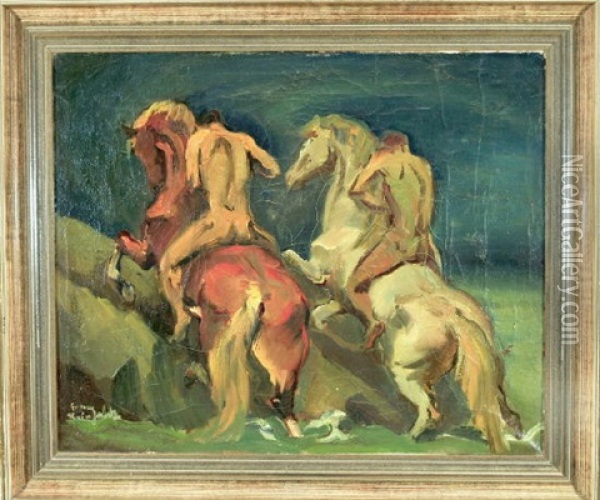 Zwei Nackte Reiter Treiben Ihre Pferde Bergauf Oil Painting - Franz Reinhardt the Elder