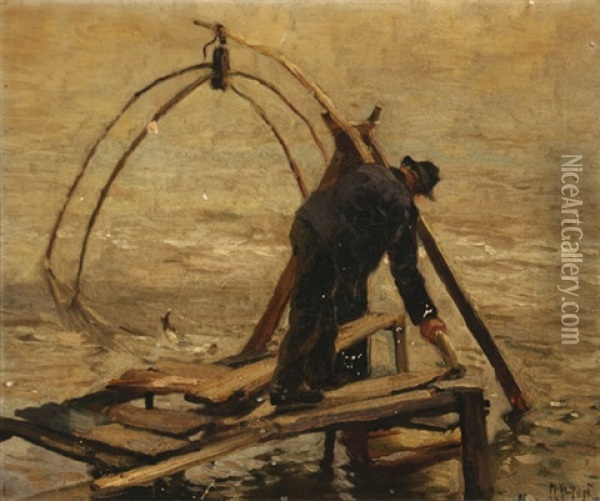 Dip Net Fishing Oil Painting - Mathias Joseph Alten