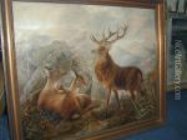 A Stag And His Herd In A Snow-capped Highland Landscape Oil Painting - Robert Cleminson