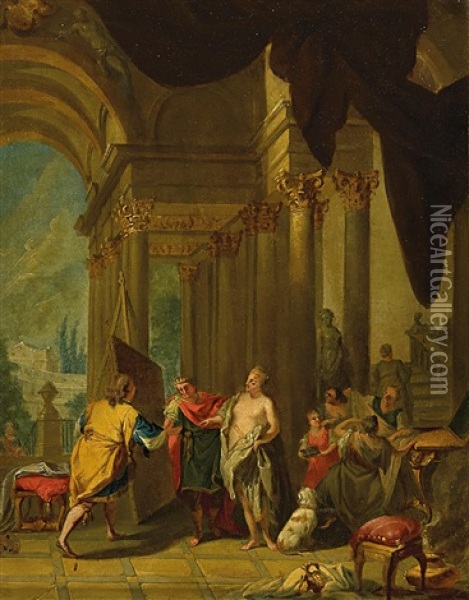 Apelles Malt Campaspe In Gegenwart Alexanders Des Grosen Oil Painting - Johann Heinrich Schoenfeldt