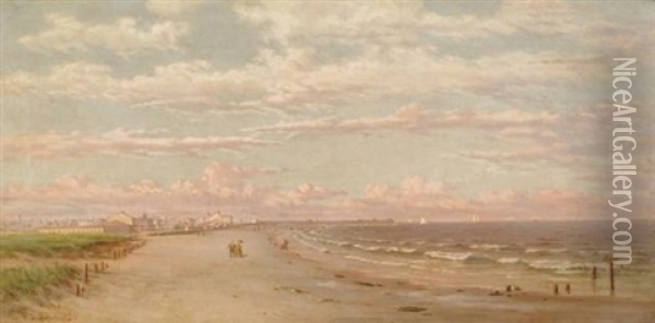 On The Beach, A City And Pier In The Distance Oil Painting - Frederick Debourg Richards