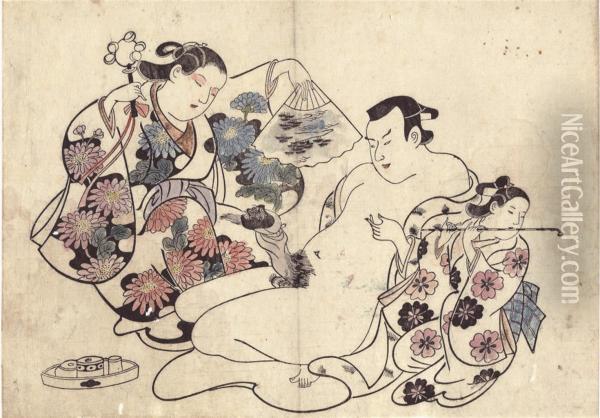 Three Shunga Prints Oil Painting - Torii I Kiyonobu