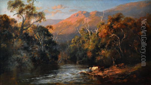 cattle By A Stream At Evening  Oil Painting - Charles Rolando