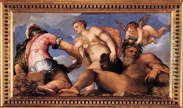 Venus between Mars and Neptune 1555 Oil Painting - Gian Battista Zelotti