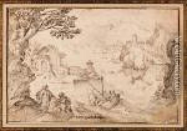 An Extensive Landscape With Christ And Saint Peter Walking On Thewater Oil Painting - Gillis van Coninxloo