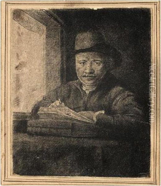 Self-portrait Drawing At A Window (b., Holl.22; H.229; Bb.48-a) Oil Painting - Rembrandt Van Rijn
