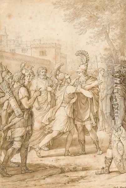 A Roman soldier beseeching another, surrounded by figures, after La Thebaede by Jean Racine Oil Painting - Carle Vernet