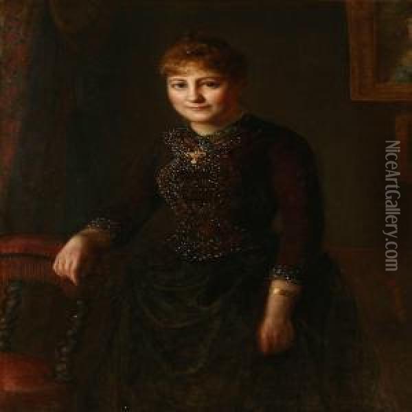 Portrait Of A Lady In Dark Dress With Jewellery Oil Painting - David Monies