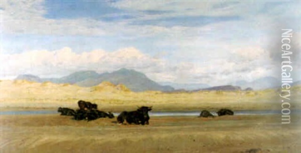 Coast Of North Wales, Cattle Basking On The Beach Oil Painting - Henry Moore