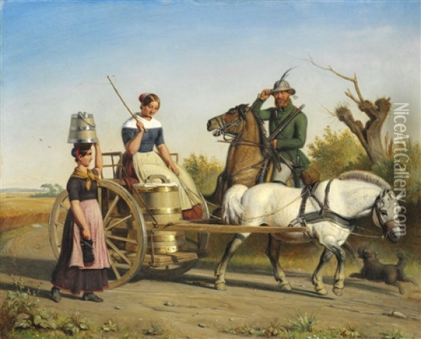 The Hunter Greets The Milkmaids Driving Home From The Market Oil Painting - Nicolai Francois Habbe