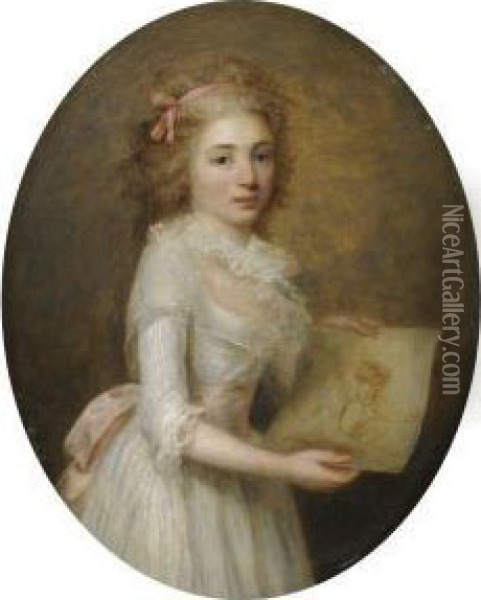 Portrait Of A Girl In A White Dress With A Pink Sash Holding A Lifestudy Oil Painting - Antoine Vestier