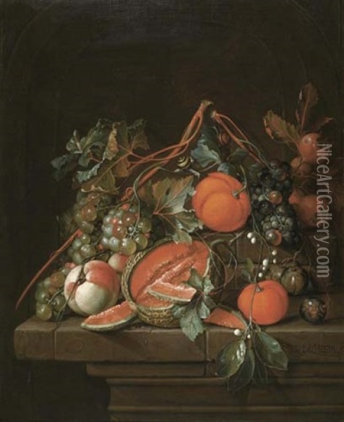Fruchtestillleben Auf Einem Steintisch Oil Painting - Cornelis De Heem