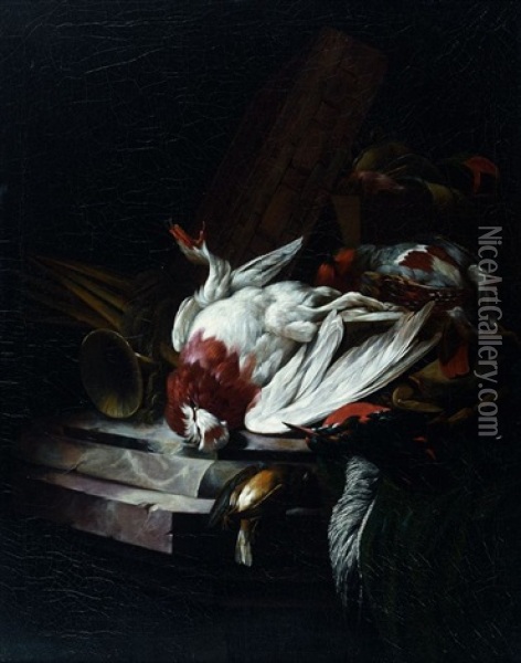 Nature Morte Aux Oiseaux Et Objets De Chasse Oil Painting - Willem Van Aelst