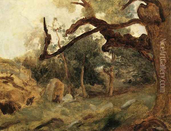 L'Arbre Tordu, Les Chenes du Mont Usey, Fontainebleau Oil Painting - Jean-Baptiste-Camille Corot