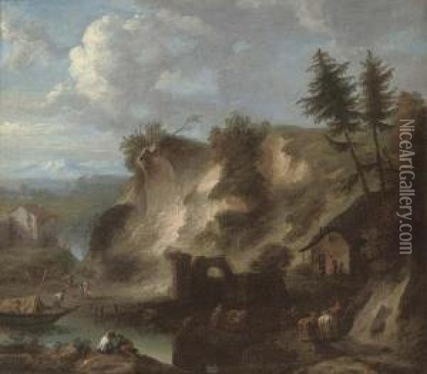 A Mountainous River Landscape With Herdsmen And Their Cattle By A Farm Oil Painting - Isaac de Moucheron