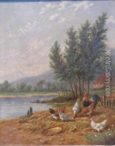 Chickens And Roosters In A River Landscape Oil Painting - Howard Hill