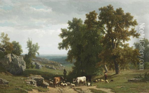 Cattle And Figures In A Summer Landscape Oil Painting - Frans Keelhoff