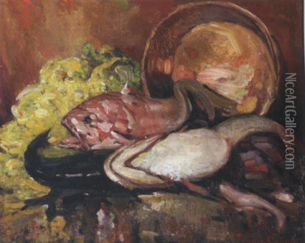 A Still Life With Fish And Lettuce Oil Painting - Frank Coburn