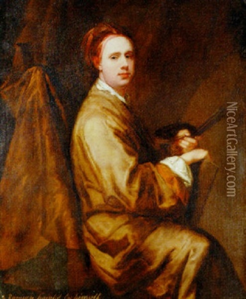 Portrait Of Allan Ramsay Holding A Palette And Brushes Oil Painting - William Aikman