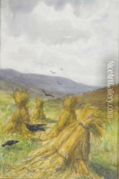 Crows Among The Barley Stooks Oil Painting - Mainie Harriet Jellett