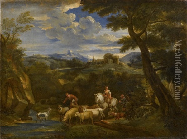 Reisende Und Ein Hirte Mit Seinem Vieh In Einer Flusslandschaft Oil Painting - Pieter Mulier the Younger