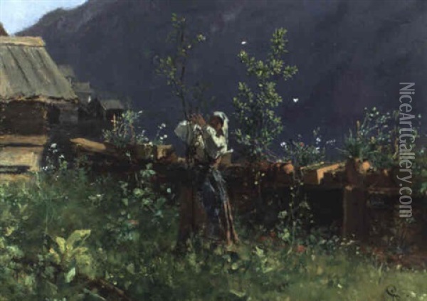 Bauerngarten In Hallstatt Oil Painting - August Xaver Carl von Pettenkofen