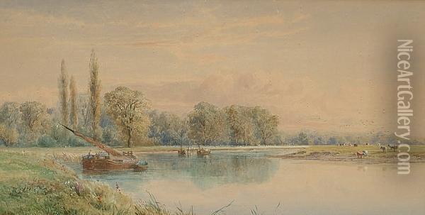 Boat On A River With Cattle Grazing In The Distance Oil Painting - George Stanfield Walters