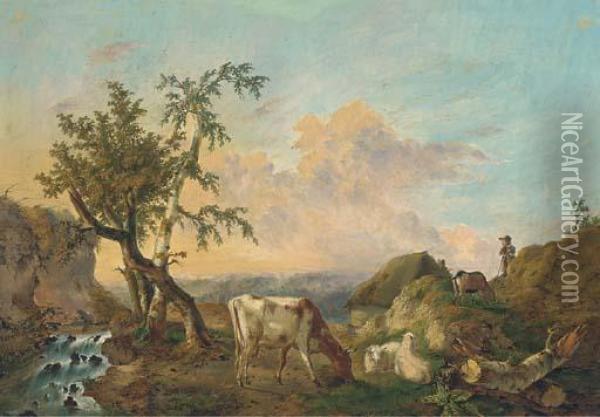 Sheep And Cattle Grazing Beside A Stream With A Shepherd Lookingon Oil Painting - Charles Desan
