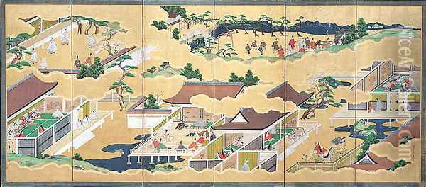 Scenes from The Tale of Genji, six-fold screen, Edo Period, 1677 Oil Painting - Fujiwara Tsunenobu