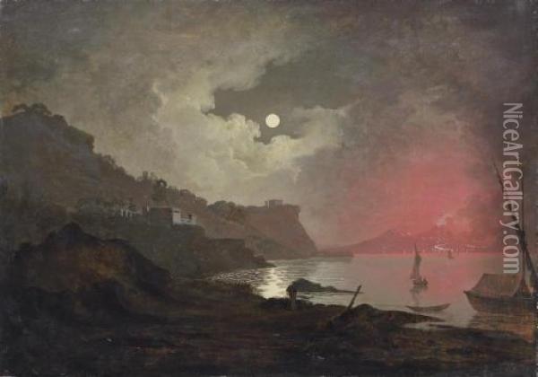A View Of Vesuvius From Posillipo, Naples Oil Painting - Josepf Wright Of Derby