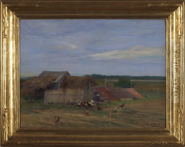 Farmyard With Chickens Oil Painting - Walter Clark