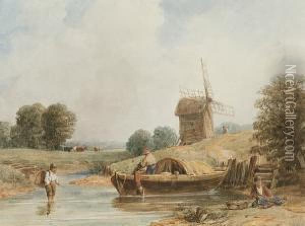 By The Windmill; Barges On A River Oil Painting - Samuel Austin