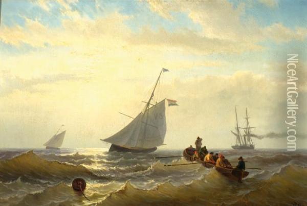 Two Fishing Boats, A Steam Ship And Men On A Flat-boat On Open Sea Oil Painting - Willem Jun Gruyter