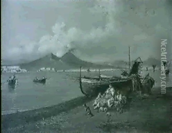 Beached Fishing Vessels, Bay Of Naples Oil Painting - Consalvo Carelli