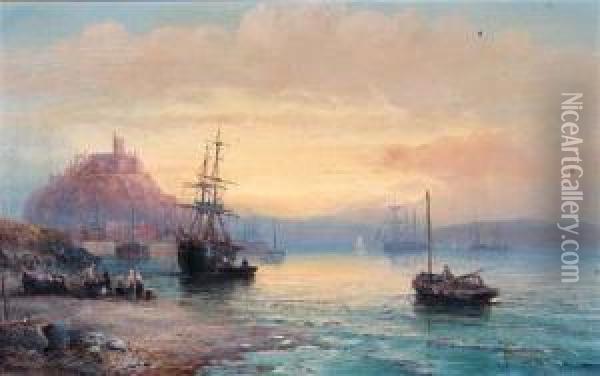 Figures And Shipping In Calm Waters Off St Michaels Mount At Sunset Oil Painting - Hubert Thornley