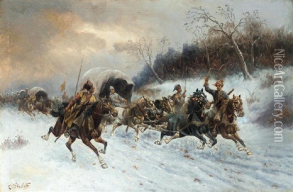 Cossack Patrol Oil Painting - Adolf (Constantin) Baumgartner-Stoiloff