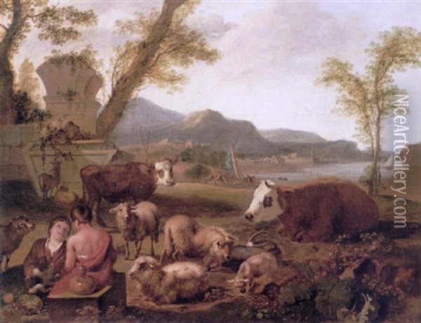Two Young Shepherd Boys Seated In A Landscape With Their Cattle And Sheep, A Lake Beyond Oil Painting - Simon van der Does