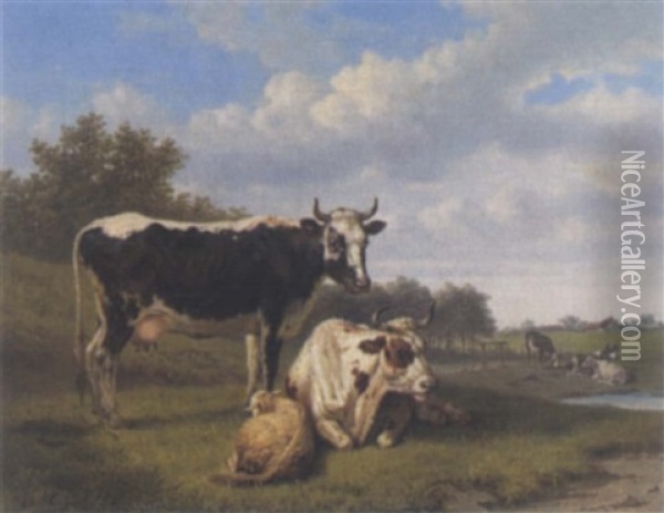 Ruhende Kuhe Und Ein Schaf Auf Der Weide Oil Painting - Jean Louis van Kuyck