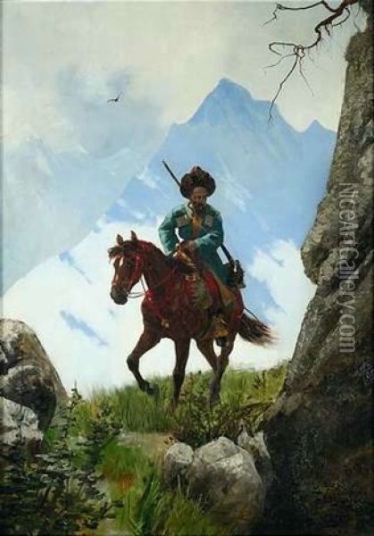Kosake Zu Pferd In Hochgebirgslandschaft Oil Painting - Stanislaw Poraj Fabijanski