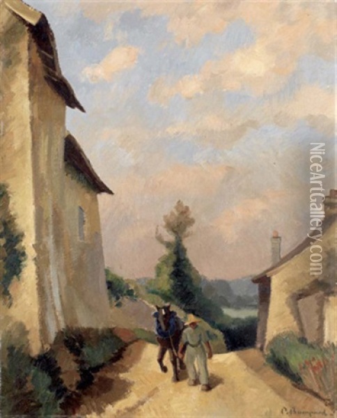 Paysan Et Son Cheval Dans Un Village Oil Painting - Pierre Bompard