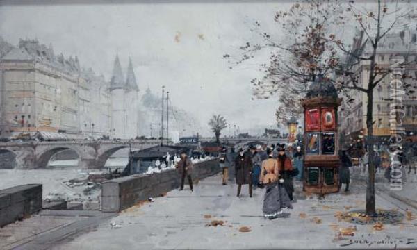 Vue Sur Le Pont Neuf Oil Painting - Eugene Galien-Laloue