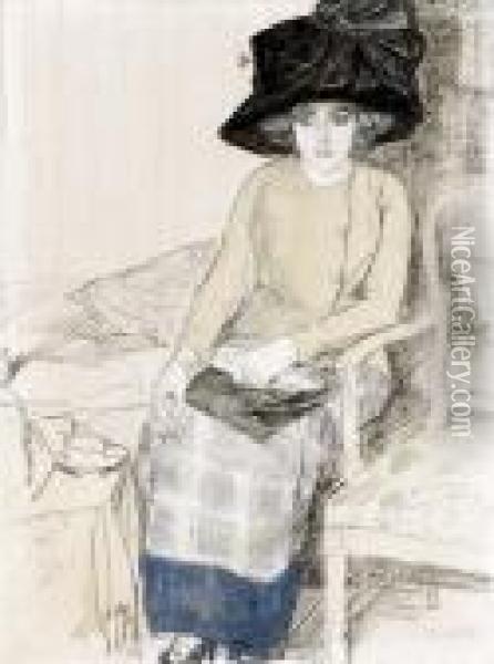 Elegant Lady With A Hat Smoking A Cigarette Oil Painting - Leo Gestel