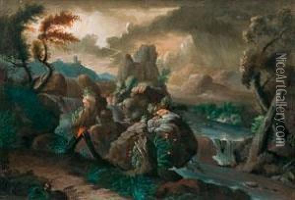 Abendliche Gebirgslandschaft Mit Gewitter Oil Painting - Willem Van Bemmel