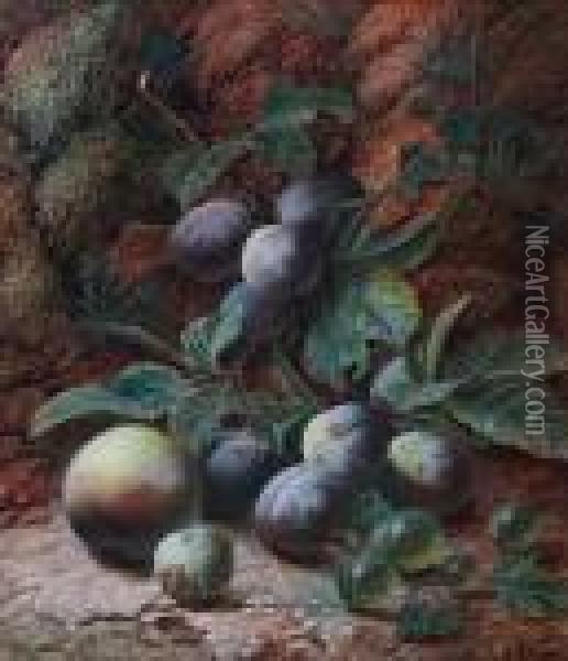 Plums, Gooseberries, A Peach And A Greengage Against A Mossy Bank Oil Painting - Oliver Clare