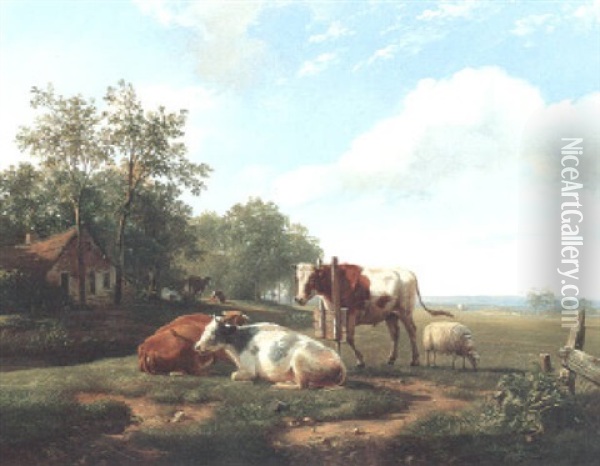 A Collared Bull And Cattle In A Wooded Landscape Oil Painting - Hendrik van de Sande Bakhuyzen