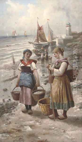 Fisherwives on the shore Oil Painting - L. Gartner