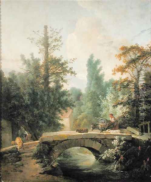 Peasant and her Donkey Crossing a Bridge Oil Painting - Jean-Baptiste Huet